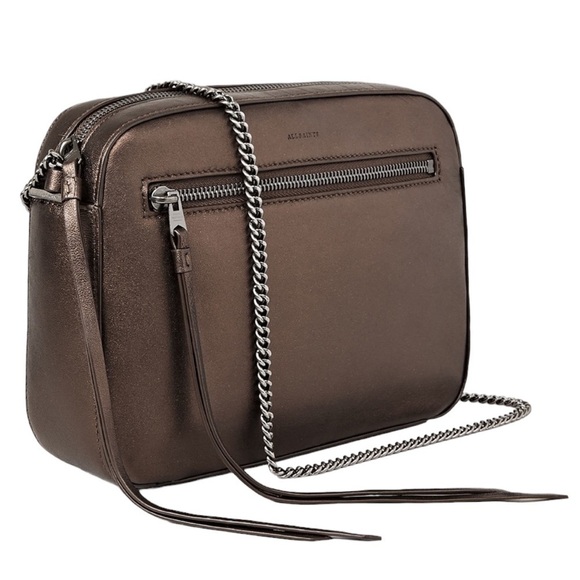 AllSaints Fleur De Lis Chain Strap Crossbody Bag in Chocolate Metallic Leather - Picture 1 of 12